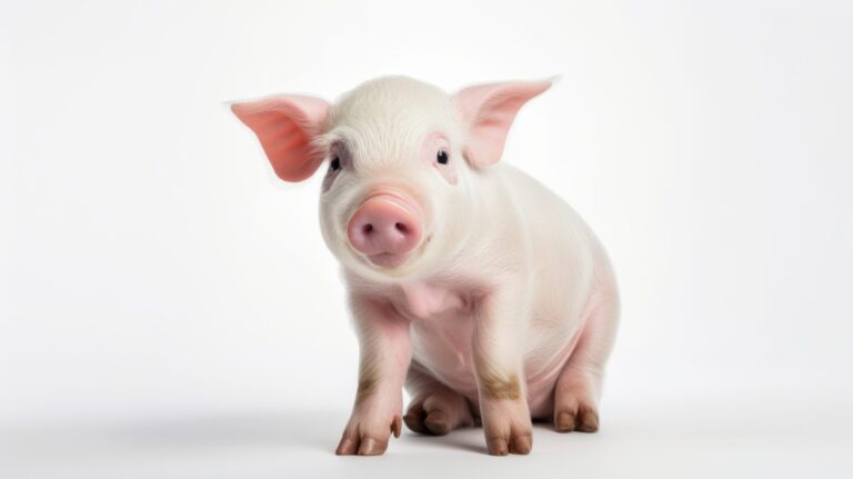 Animal rights concept A cute small pig with pink skin and soft f