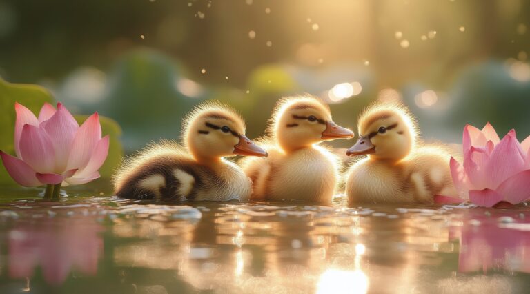 Bệnh viêm gan vịt Baby ducks swim among pink lotus flowers in a shimmering pond during golden hour